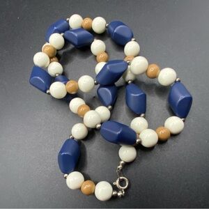 Vintage Lucite Blue Cream Tan Beaded Necklace